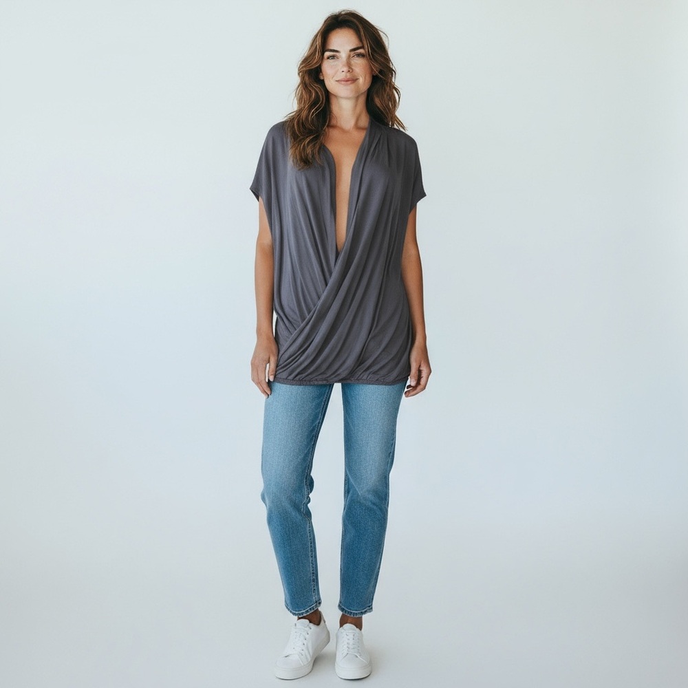 Boden Gray Draped V-Neck Blouse Women Size 8 Elegant Casual Top